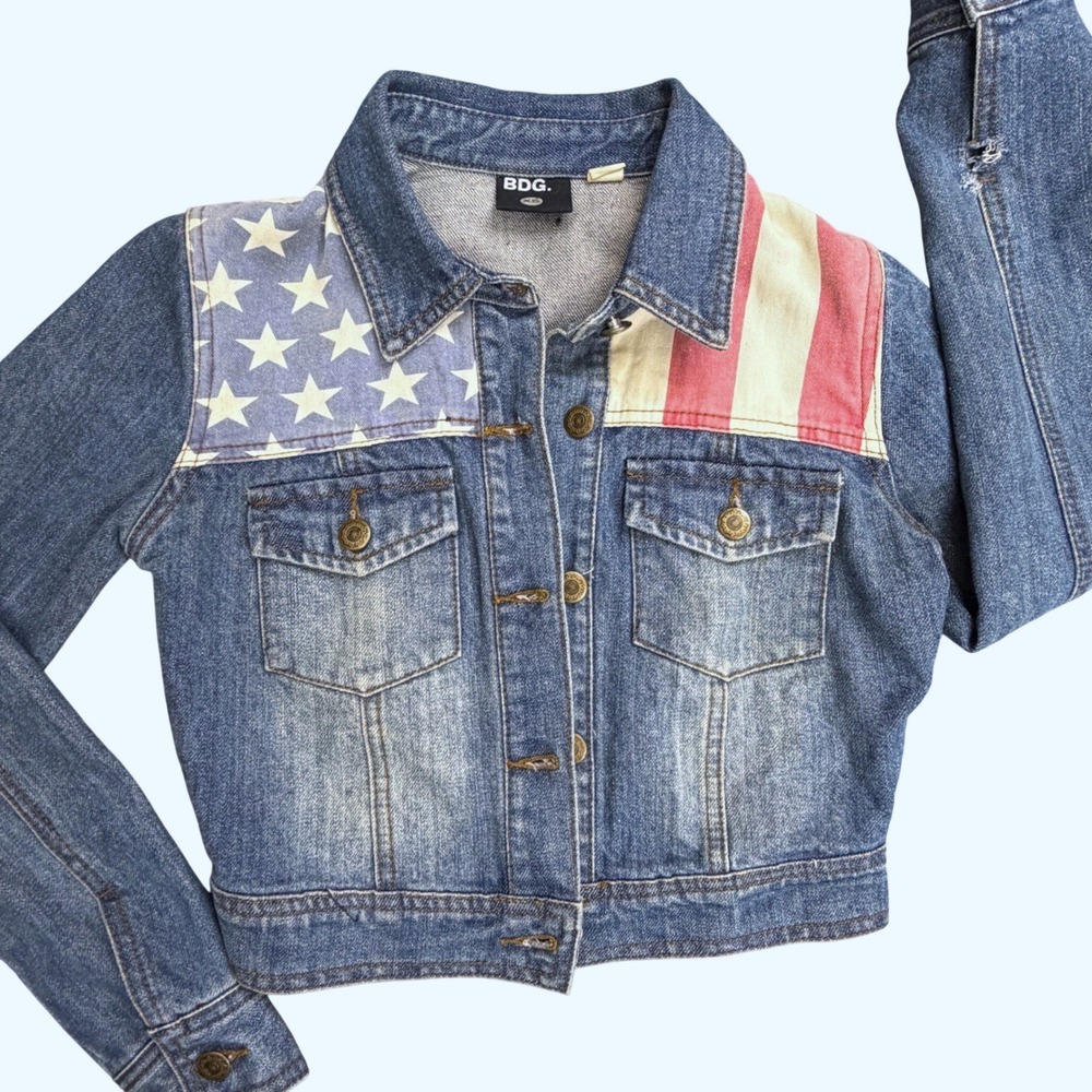 BDG Womens American Flag Denim Jacket XS Blue Cropped Stars‎ Stripes Distressed